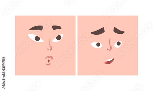 Face Expression and Emotion with Eyebrow and Mouth Grimace in Square Shape Vector Set