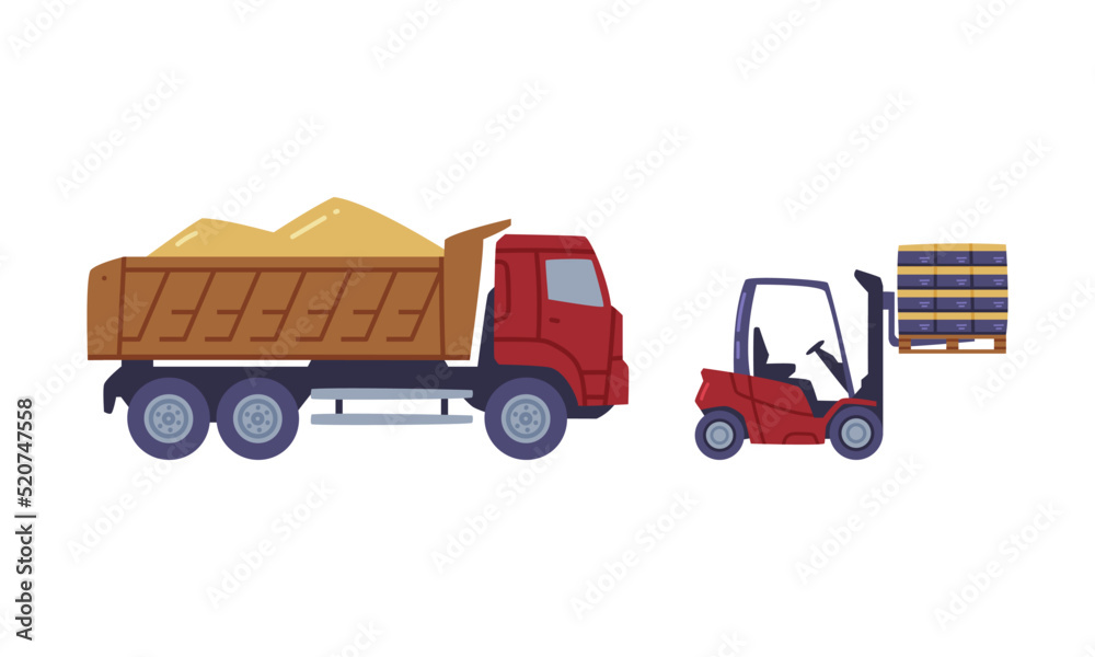 Heavy Machine or Truck Carrying Wheat or Barley Grain and Fork Lift Vector Set