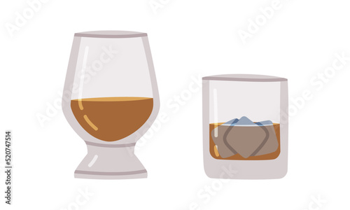 Whisky or Whiskey Poured in Glass with Ice Cube Vector Set