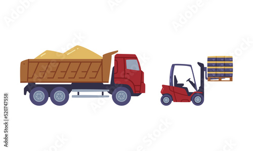 Heavy Machine or Truck Carrying Wheat or Barley Grain and Fork Lift Vector Set