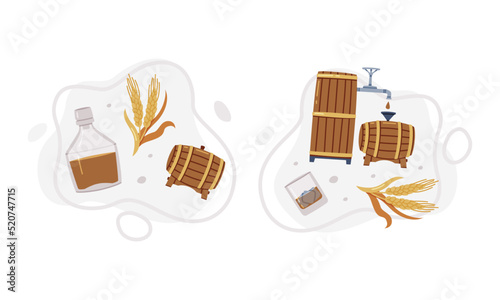 Whiskey Drink in Wooden Barrel for Storage and Barley Spikelet Vector Composition Set