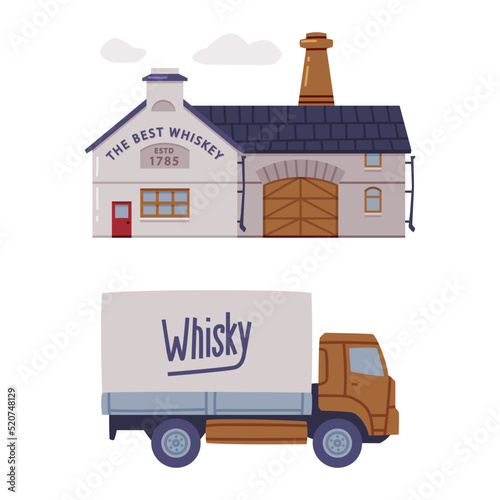 Whiskey House or Factory Facade with himney and Truck Vector Set