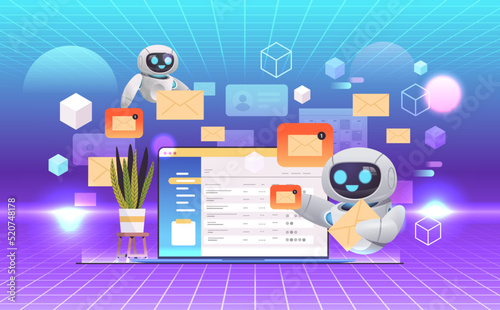 robots reading or writing letters on laptop screen robotic character communicating on computer email messaging