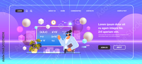 teacher in virtual reality glasses solving math problem on digital chalkboard education vr vision headset innovation metaverse