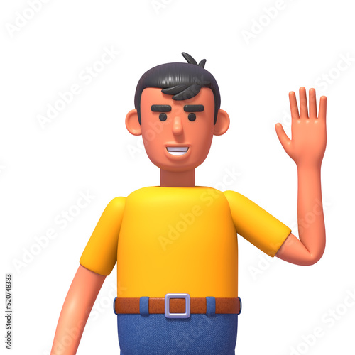 3d render of man in yellow shirt waving, greeting