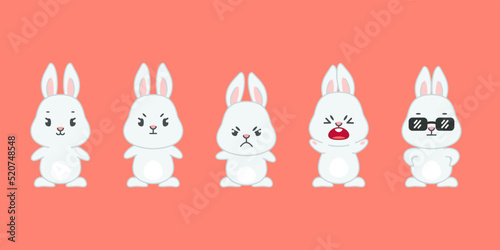 Set of cute bunnies. Flat cartoon illustration of 5 little displeased rabbits isolated on a red background. Vector 10 EPS.