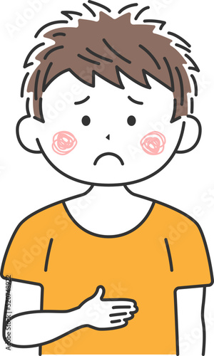 腹痛で、お腹を押さえる男性のイラスト