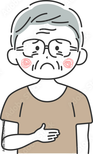 腹痛で、お腹を押さえる、年配男性のイラスト