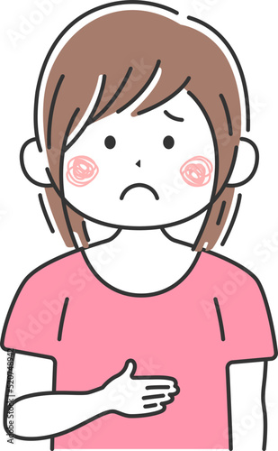 腹痛で、お腹を押さえる女性のイラスト
