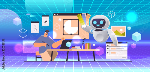 robot and designer in virtual reality glasses drawing with pen in graphic editor vr vision headset innovation metaverse