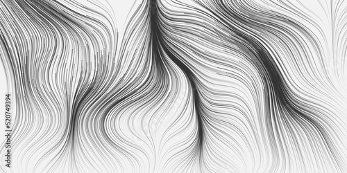 Black and White Moving, Flowing Stream of Particles in Curving, Wavy Lines - Digitally Generated Futuristic Abstract 3D Geometric Background Design, Generative Art, Template in Editable Vector Format