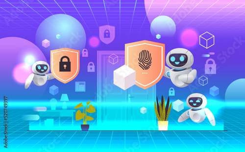 robots holding shields with padlock and fingerprint web data security protection artificial intelligence virtual reality vision