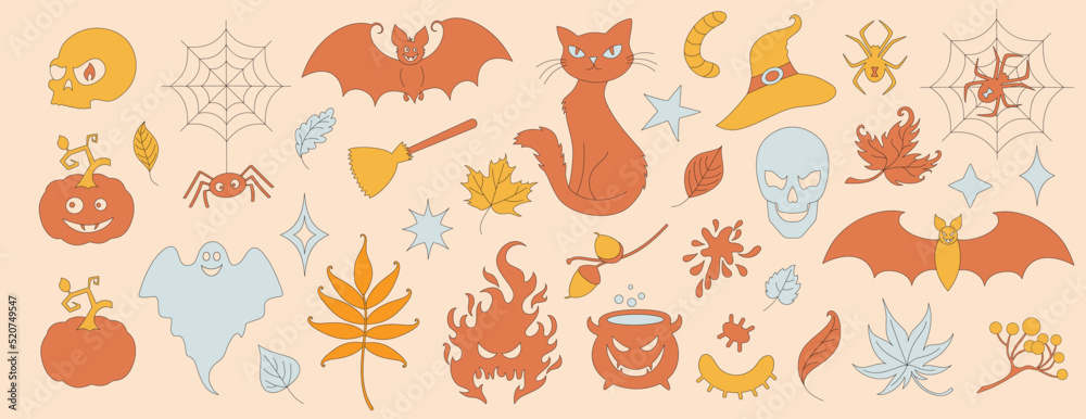 Set with retro 70s style Halloween elements. Pumpkin, spider, skull, web, bat, cat, scull, hat. Autumn simple minimalist leaves. 1970 good vibes. Vector illustration. Set with retro 70s style Halloween elements. Pumpkin, spider, skull, web, bat, cat, scull, hat. Autumn simple minimalist leaves. 1970 good vibes. Vector illustration.