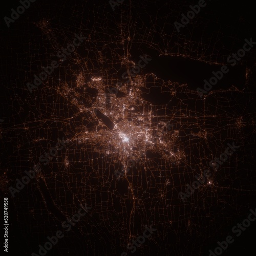 Syracuse (New York, USA) street lights map. Satellite view on modern city at night. Imitation of aerial view on roads network. 3d render