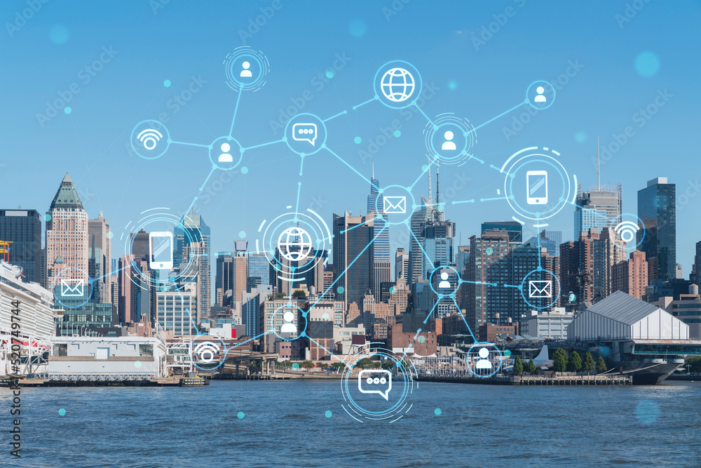 New York City skyline from New Jersey over the Hudson River towards Midtown Manhattan at day time. Social media hologram. Concept of networking and establishing new people connections