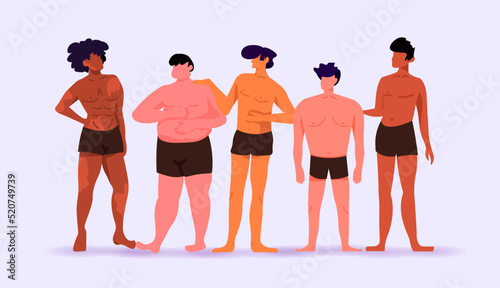 mix race men of different height figure type and size standing together love your body concept