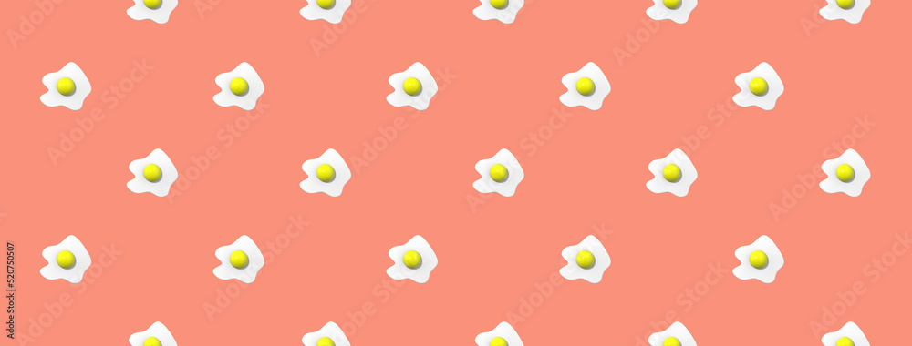 pattern. Image of chicken egg on pastel red backgrounds. Egg with round yolk. Surface overlay pattern. Banner for insertion into site. 3D image. 3D rendering.