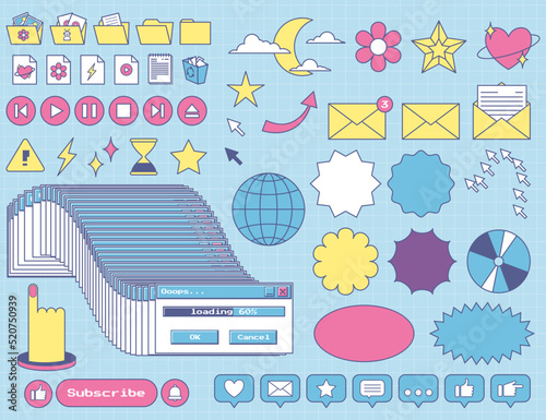 Set of retro computer ui nostalgic elements and stickers. Old PC 90s user interface icons with an outline. Frozen window, loading, buttons, folders, arrow. Retrowave Y2K icons. Vector illustration