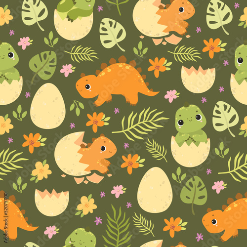 Cute seamless pattern with dinosaurs. Newborn dinosaur. Kids background. © Lesya