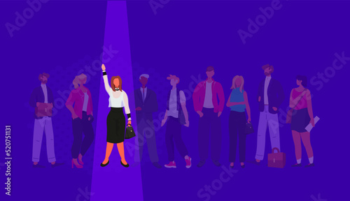 Businesswoman leader stand out from crowd individual spotlight hire human resource recruitment candidate people group business team