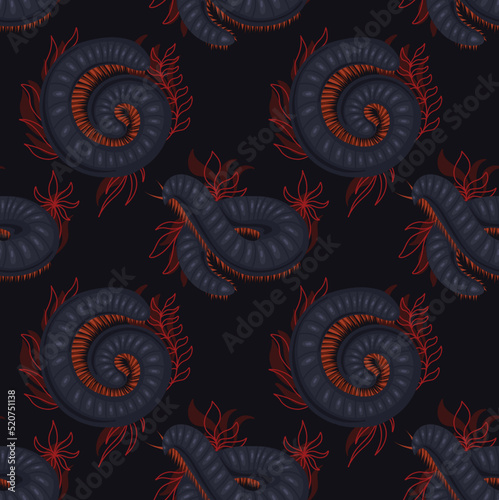 Dark vector seamless pattern with scary centipedes in roll with foliage and leaves on black background. Wallpaper with insect with a chitinous shell.