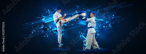 Flyer with fight of two karatedo fighters in kimono training over dark background with neon elements. Concept of combat sport  challenges  skills