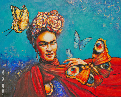 Young beautiful Mexican woman with a traditional hairstyle - flowers in her hair. Butterflies in background.Picture created with acrylics colors on canvas. photo