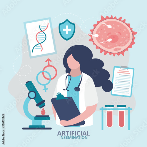 Doctor conducts research in field of artificial insemination. Specialist checks patient blood and DNA tests