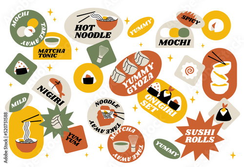 Vector set of retro fast food stickers for Asian cafe. Colorful patch badges with Japanese food.