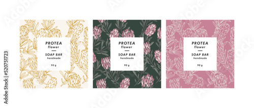 Vector set seamless patterns for cosmetics with template design labels. Backgrounds with protea flowers for handmade soap.