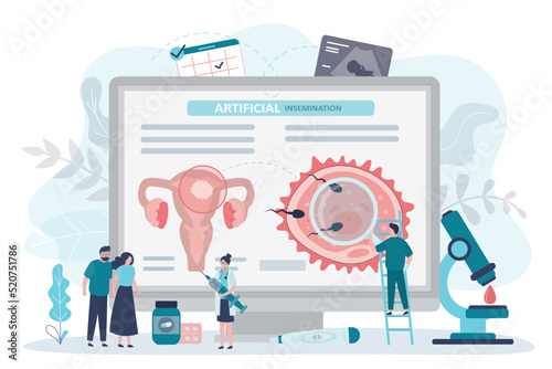 Embryologist consulting couple about embryo transfer procedure. Doctors monitor fertilization of egg in test tube
