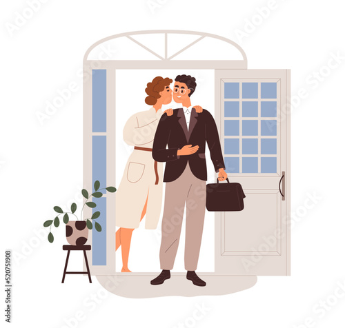 Man going to work. Wife kissing husband office worker, seeing off at home door. Businessman leaving house. Love family couple at doorway. Flat vector illustration isolated on white background