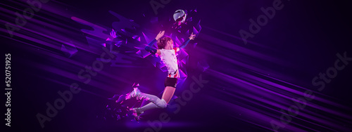 Photography Collage with image of female volleyball player playing volleyball isolated on dark background with neoned elements