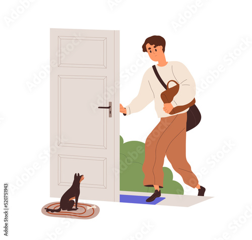 Person leaving home, going out. Dog seeing off man, waiting return at doorway. Pet owner and cute doggy at house door. Devoted canine animal. Flat vector illustration isolated on white background