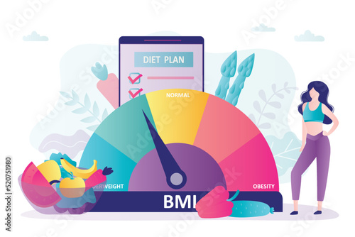 Girl maintains figure through diet and sports. Arrow on BMI calculator shows good level