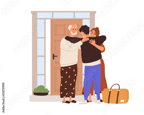 Man leaving native parents house. Mother, father seeing adult son off, hugging before separation, moving from home. Mom, dad and student at door. Flat vector illustration isolated on white background