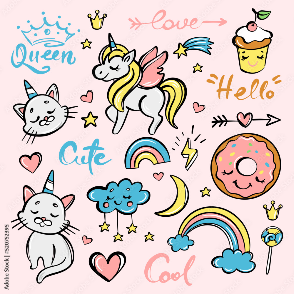 CUTE DOODLE SET CARTOON ANIMALS Hand Drawn Sketch With Animals Sweets And Handwriting Phrases. Vector Elements And Lettering. Unicorn Cat Rainbow Donut