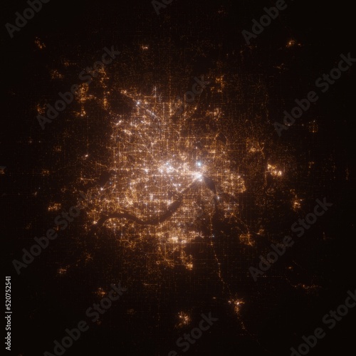 Minneapolis (Minnesota, USA) street lights map. Satellite view on modern city at night. Imitation of aerial view on roads network. 3d render