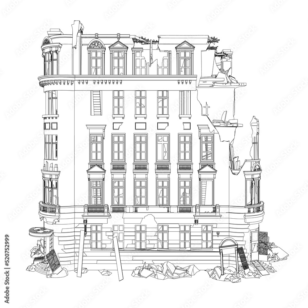 Outline of a destroyed house from black lines isolated on a white background. Front view. Vector illustration.