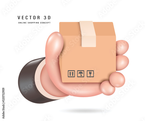 Hand holding a brown parcel box and the front of the box is facing the front,vector 3d isolated on white background minimalist style for online shopping,transport,and delivery concept design