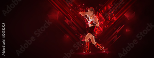 Sport collage with teen-girl, MMA fighter in action, motion isolated on dark background with neoned abstract elements. Concept of sport, competition
