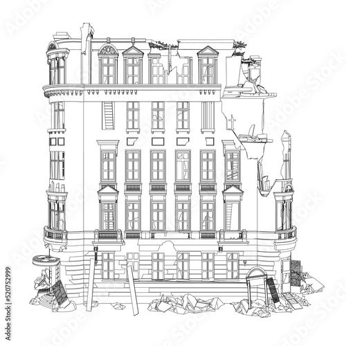 Outline of a destroyed house from black lines isolated on a white background. Front view. Vector illustration.