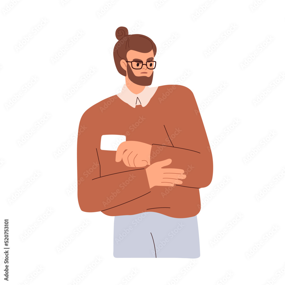 Suspicious frowning person doubting. Serious tensed disgusted employee man with negative emotion. Displeased worried office worker. Flat graphic vector illustration isolated on white background