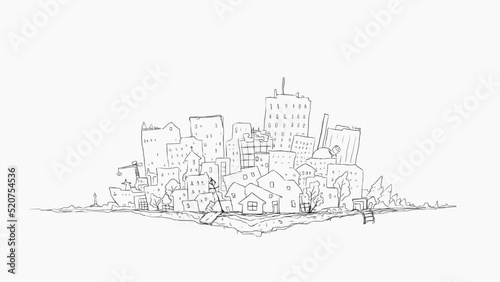 City development expanding growing from single small house stylized symbolic, hand drawn 2d animation
