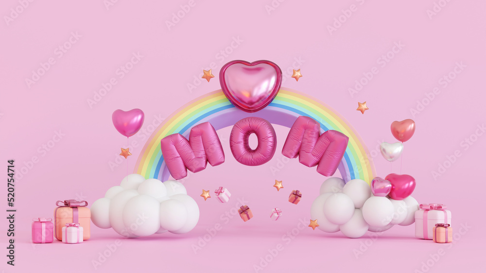Happy mothers day Celebration, Balloon Mom text on rainbow with cloud and gift box, heart love, 3D rendering.