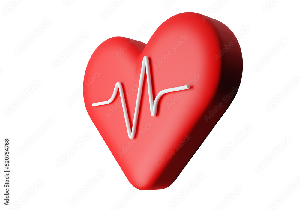 Heartbeat line. Heart symbolizes health and medicine. Red heart for clinic or hospital website. Heart metaphor health care. Button for application interface isolated on white. 3d image Heartbeat line. Heart symbolizes health and medicine. Red heart for clinic or hospital website. Heart metaphor health care. Button for application interface isolated on white. 3d image