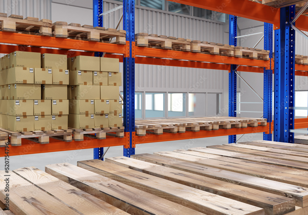 Logistic warehouse. Cardboard boxes on pallets. Courier Logistics