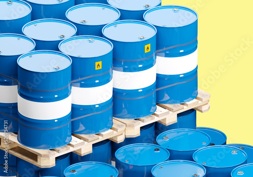 Barrel oil. Blue barrels on pallets. Metal canisters casks for fuel. Barrels oil are ready for transportation. Three-dimensional casings for crude oil. Chemical products in containers. 3d rendering.