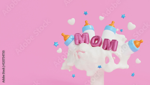 Happy Mothers day celebration, Mom text with baby bottle on milk splash, copy space add text, 3D rendering. © pookpiik