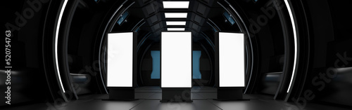 Schilderij op canvas Blank mock up vertical billboard or LCD screen floor stand in spaceship or space station Sci Fi tunnel, Banner header Website, 3D rendering